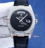 Swiss Replica Rolex Day Date 40mm Onyx Black Dial Iced Out Diamond Black Alligator Strap Watch